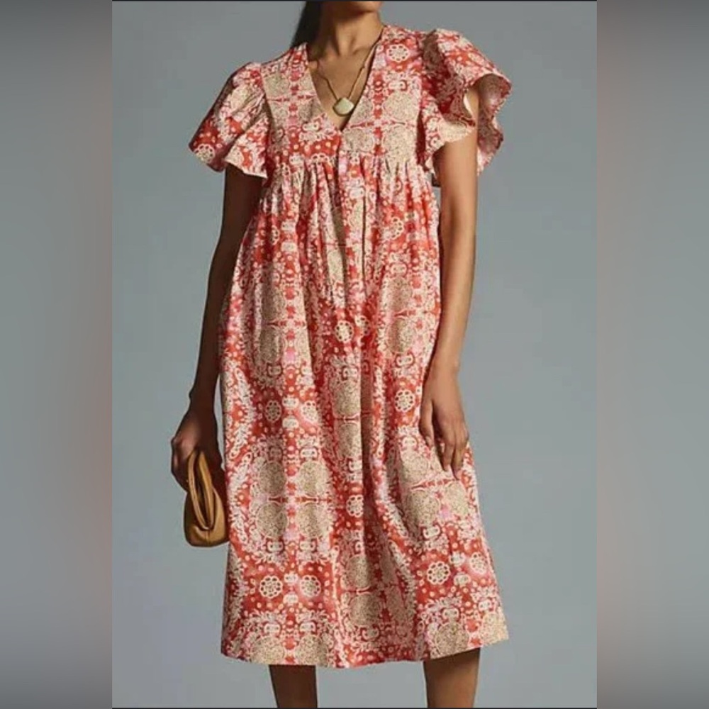 Anthropologie Coral and Cream Patterned Midi Dress
